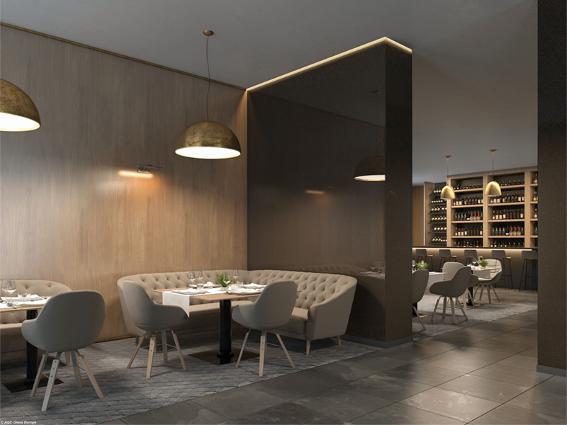 lackiertes-glas-lacobel-7013-Brown-Neutral-restaurantgestaltung-gastraum-farbglas-wandgestaltung